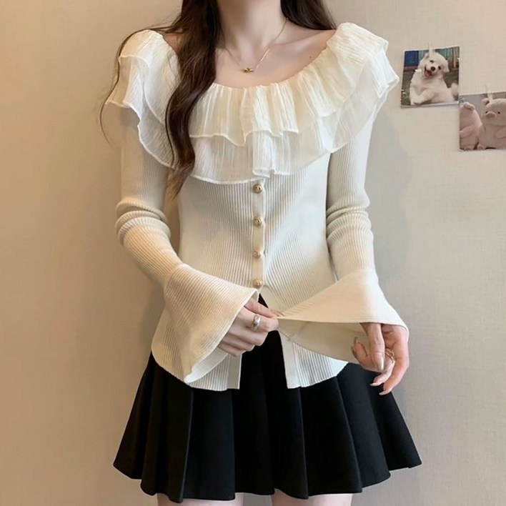 VVRR 여성 봄 가을 프릴 블라우스 플레어 슬리브 슬림핏 니트 티셔츠 데일리룩 A0122012