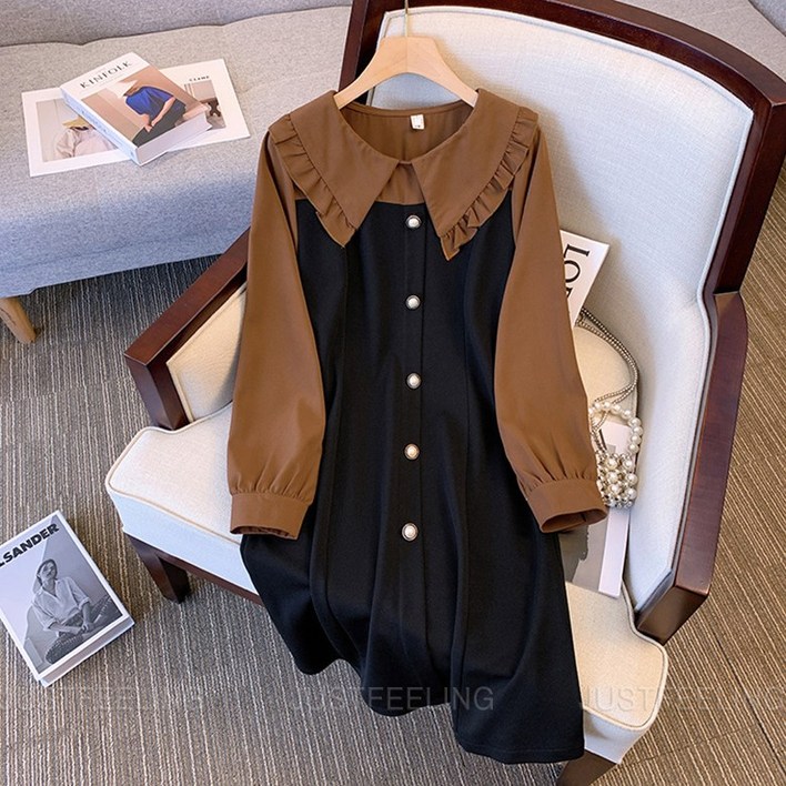 JUSTFEELING 가을 겨울 인형넥 미디원피스 빅사이즈 여성 긴팔원피스 간절기 미시옷 여성의류 D10U