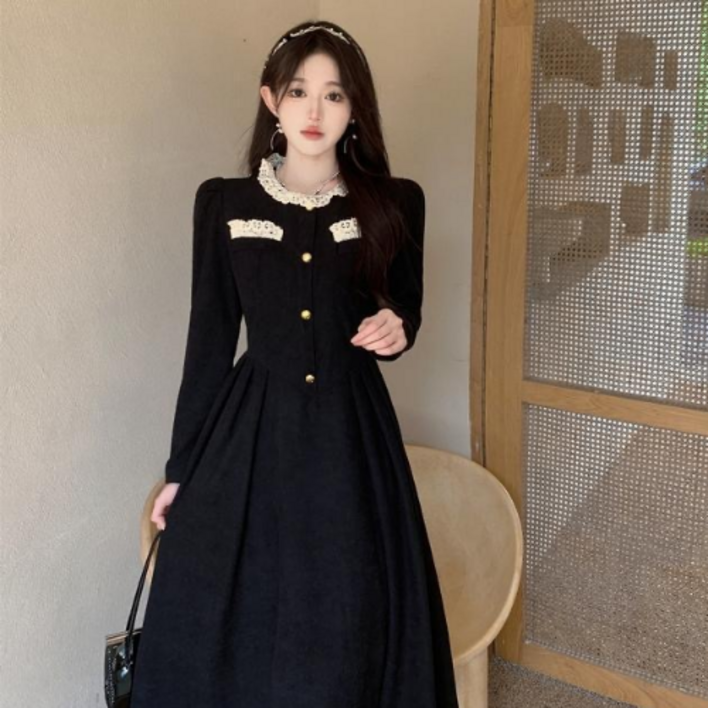 네디아 프랑스 공주 긴팔 레이스 카라 롱 원피스 빅사이즈까지