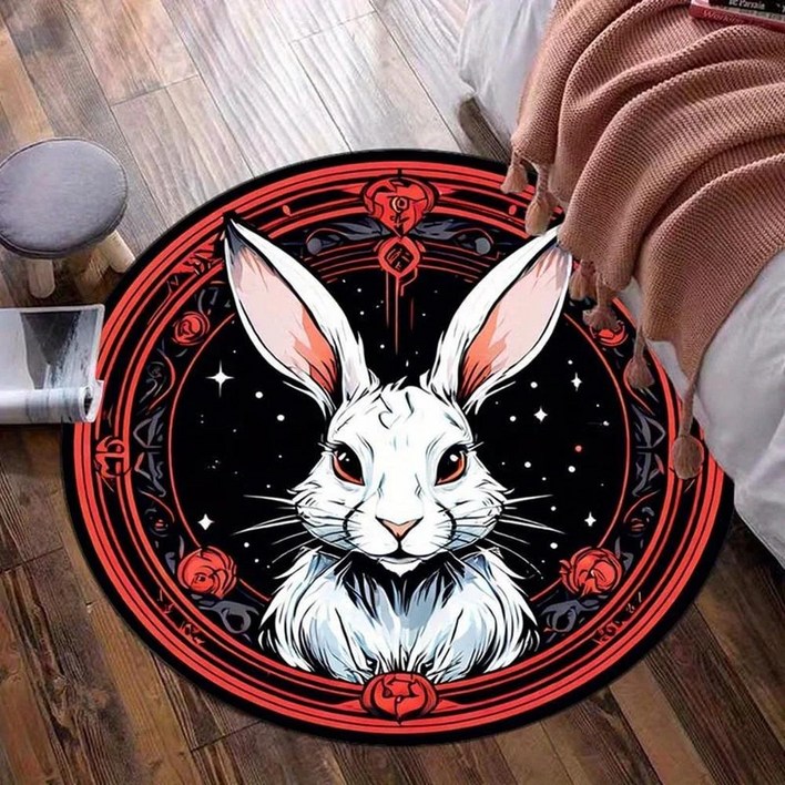 미스틱 화이트래빗레드 프레임라운드 러그 보헤미안 아트 판타지 동물 침실 장식 마법 상징 패턴 바닥 매트 크리스탈 벨벳 카펫