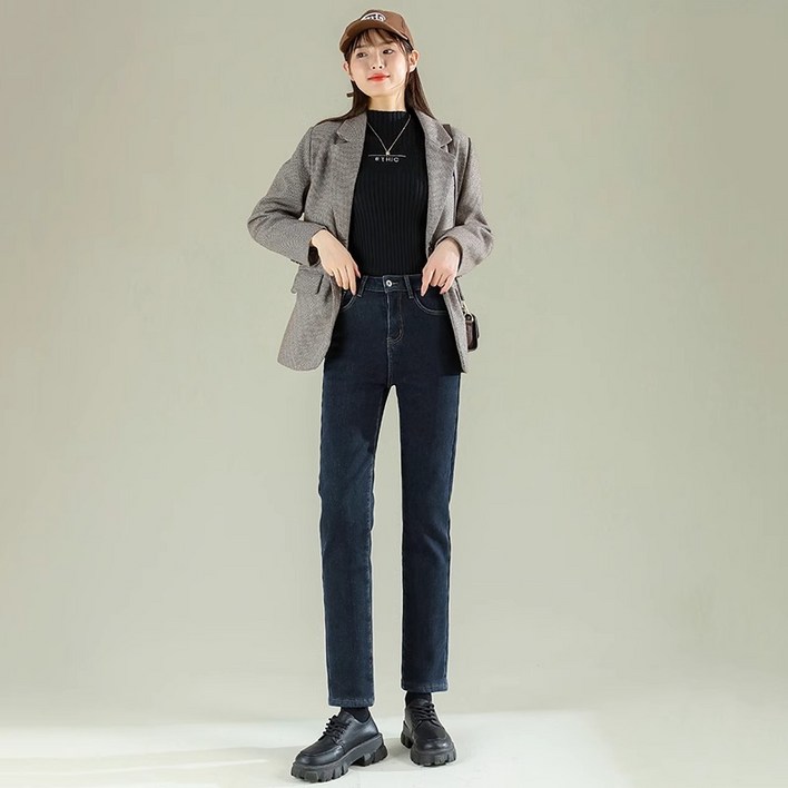 DANGZ 겨울 여성 기모 청바지 심플 스트레이트 핏
