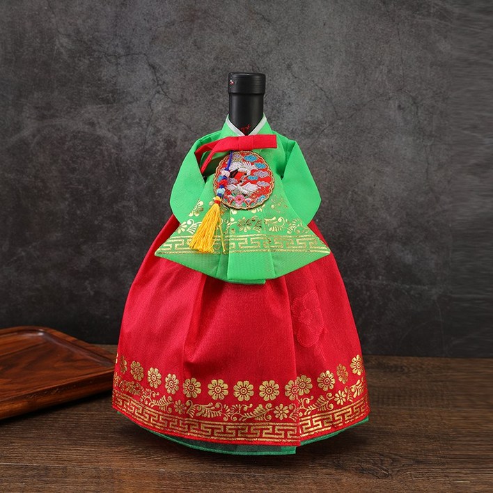 한복 와인커버 술병주머니 와인케이스 외국인선물 인형한복 인테리어소품, 초록색빨강실크 한겹 치마, 1개