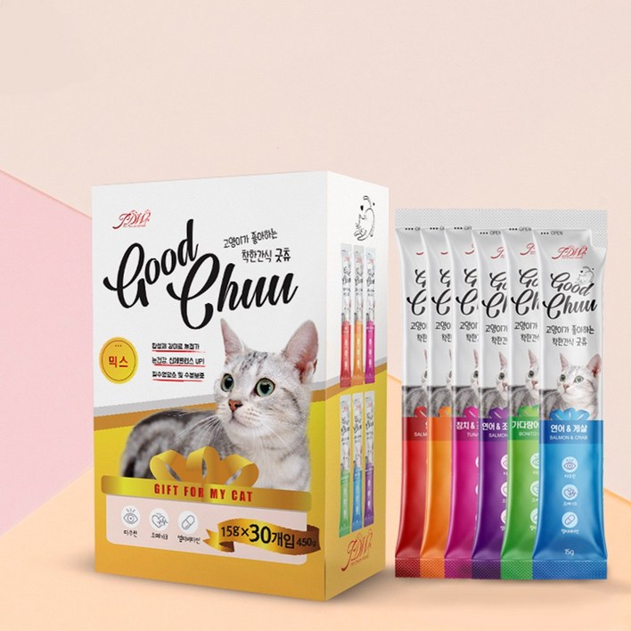 굿츄 6가지맛혼합 15g x 60개 착한간식 짜먹는 고양이간식, 60개, 15g, 연어,게살