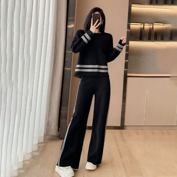 AOKADA 여성 가을 긴팔 맨투맨 티셔츠 와이드 팬츠 투피스 트레이닝 상하의 세트