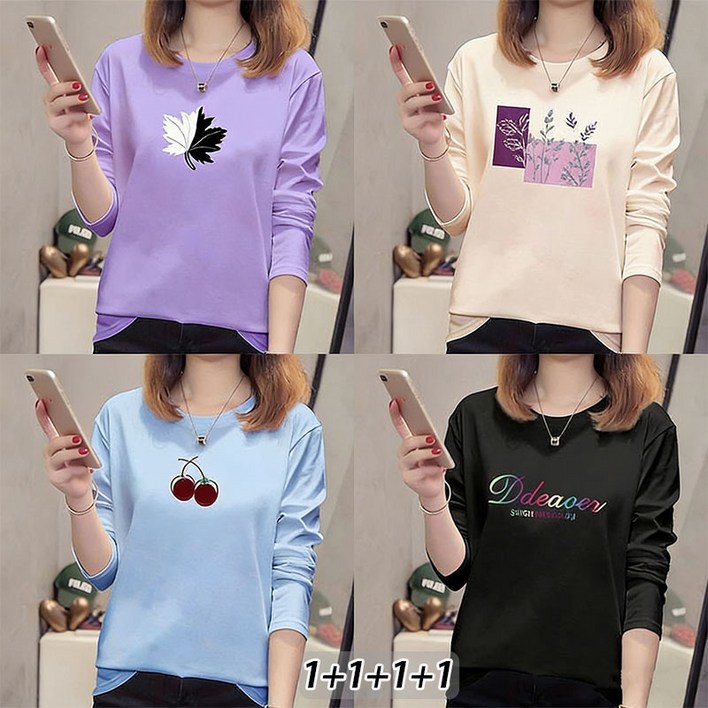 YLEMI 1111 봄 가을 시즌 여성 여유로운 핏 편안한 긴팔 티셔츠 데일리룩 이너면티셔츠 4종 세트