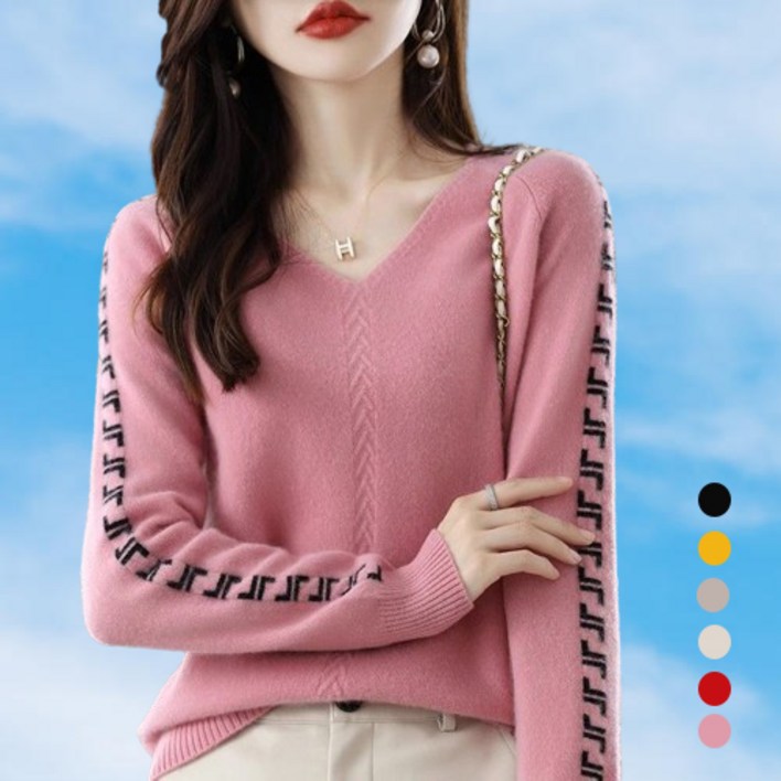 당일출고KAQIA 캐주얼 여성 가을 니트티 셔츠 브이넥 긴팔 니트 여성 스웨터 MY002