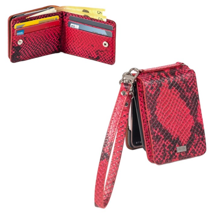 본아띠 갤럭시 Z플립4 메티스 아나콘다 뱀무늬 지폐 카드6장 수납 지갑형 천연소가죽 핸드폰케이스