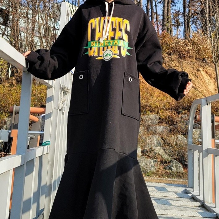 여성 기모 후드 링장식 빅포켓 머메이드 롱원피스 3color