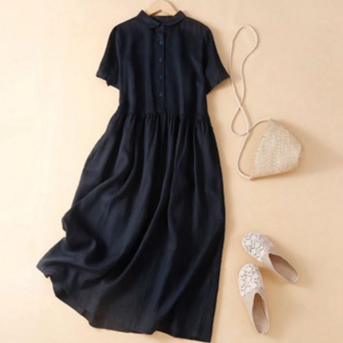 여성 시원 편안 린넨 소재 오버핏 A라인 롱 원피스 캐주얼한 디자인 봄 여름 가을 매력 반팔 스타일 활동적 일상 생활 안성맞춤 새로운 시즌스타일링