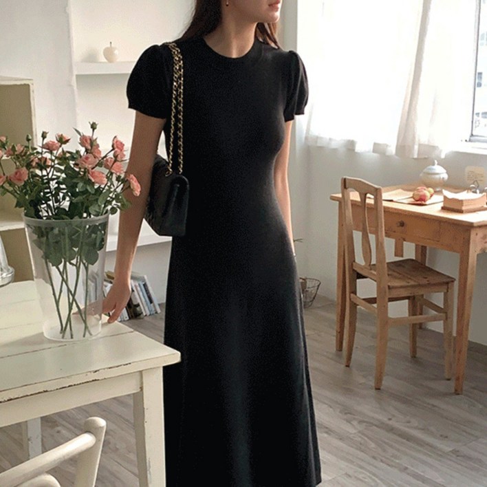 루어스룸 피노사 라운드넥 소매 반팔 퍼프 셔링 니트 원피스 (숏/롱2ver)