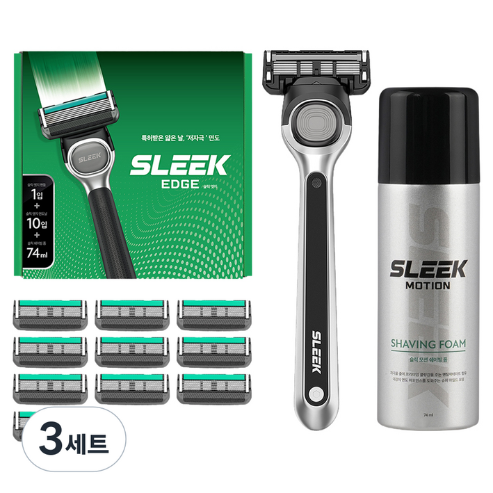 도루코 슬릭 엣지 면도기 세트, 면도기핸들 + 면도날 10p + 쉐이빙폼 74ml, 3세트