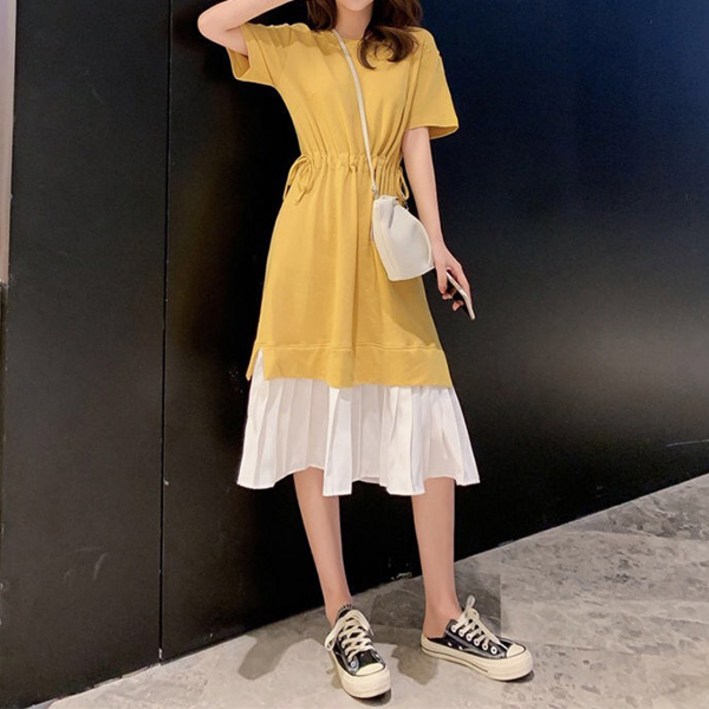 여성용 블랙101 게나 밑단 배색 허리 셔링 롱원피스 CH2319735 빅사이즈 포함