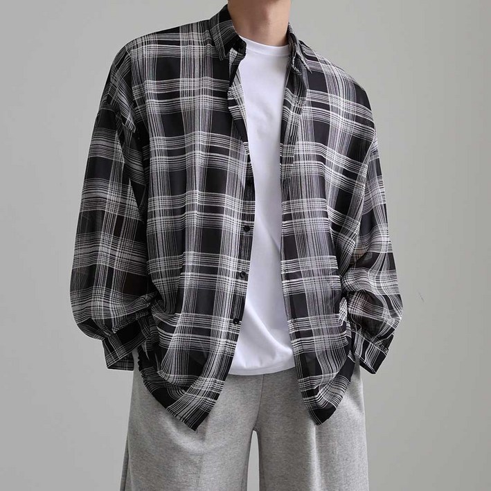 남성용 가볍고 시원한 오버핏 쉬폰 체크 남방