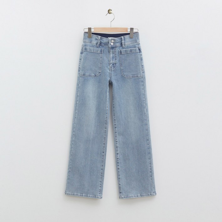 로엠 여성용 포켓 세미 와이드 데님 긴바지