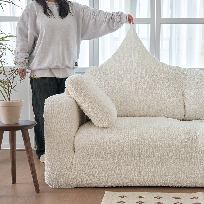 베베데코 고탄력 만능 스판 올핏 뱀부 쇼파커버 덮개, 크림화이트, 1개