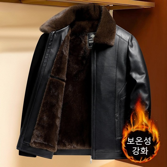 POMTOR 겨울 중년 남성 무스탕 스타일 가죽 자켓 기모 보온 두꺼운 아우터