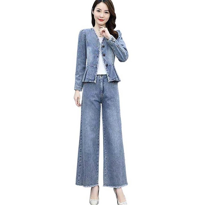 셀럽당 여성용 프릴 데님 재킷와이드 팬츠 투피스 캐주얼 청바지 세트