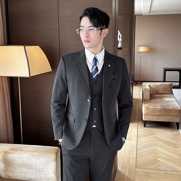 Enyofe 남성용 투버튼 캐주얼 쓰리피스 정장세트 재킷+조끼+바지 면접 기획 남자수트 3피스  결혼식 하객 남성 슈트 남자 겨울 검은 양복 세트 남성용 정장세트(5컬러)