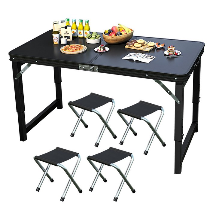 서치잇 접이식 테이블 노점 영업용 휴대용 캠핑테이블 3단 높이조절 알루미늄 식탁 실내 야외 다용도 테이블 의자 세트, 블랙