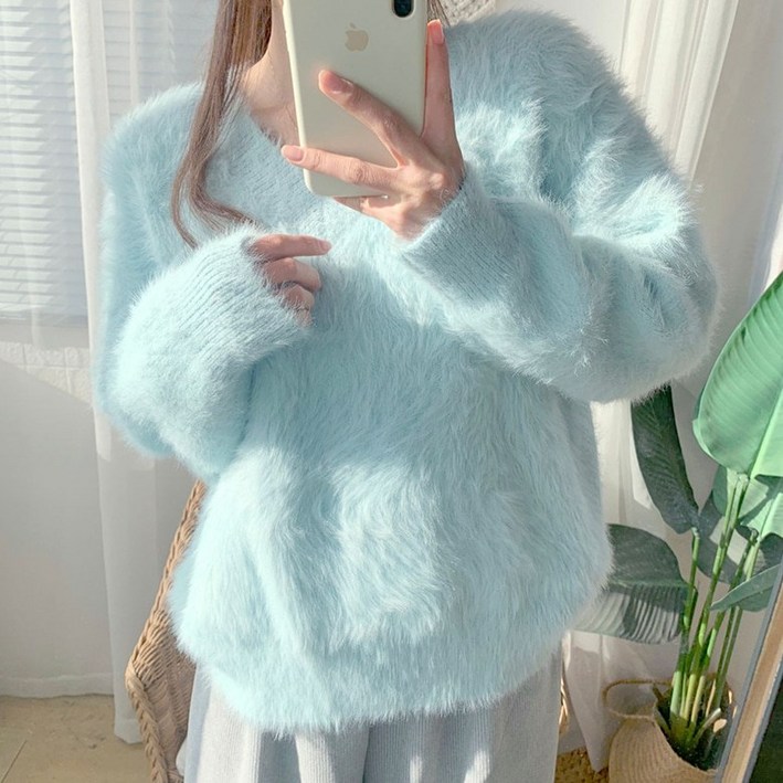 아이엠몽 여성 브이넥 앙고라 니트 티셔츠