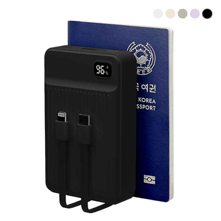 [난연 보조배터리] 바우아토 PD 22.5W 고속 입출력 케이블 일체형 미니 대용량 보조배터리 20000mah, 단일상품, 블랙