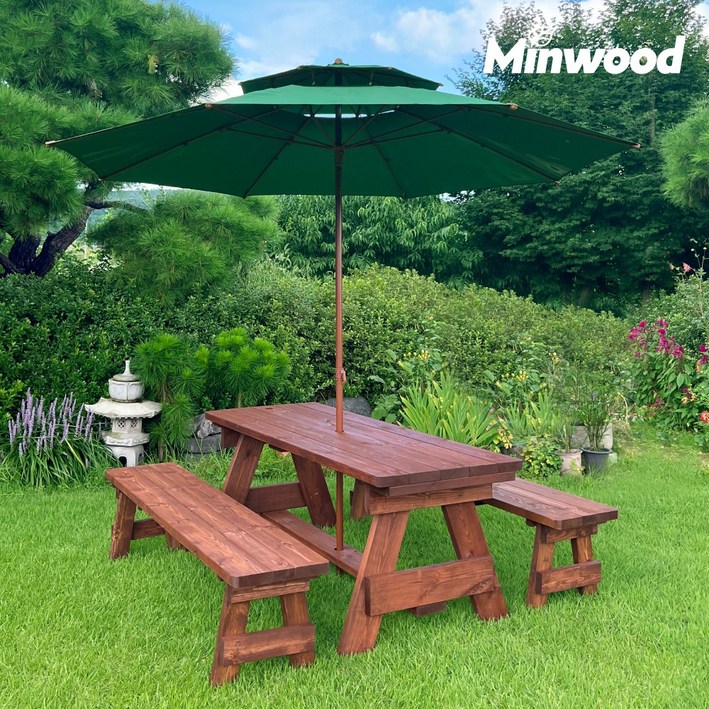 올리브가구 분리형 야외원목테이블 카페테이블 야외평상 바베큐그릴 파라솔 야외테이블세트, 분리형테이블 8인 월넛색2회도색