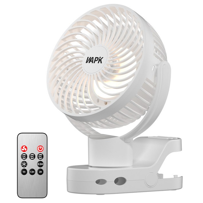 와피크 집게형 미니 무선 선풍기 F8 Pro USB충전식 탁상용 자동회전 무드등 유모차, 화이트