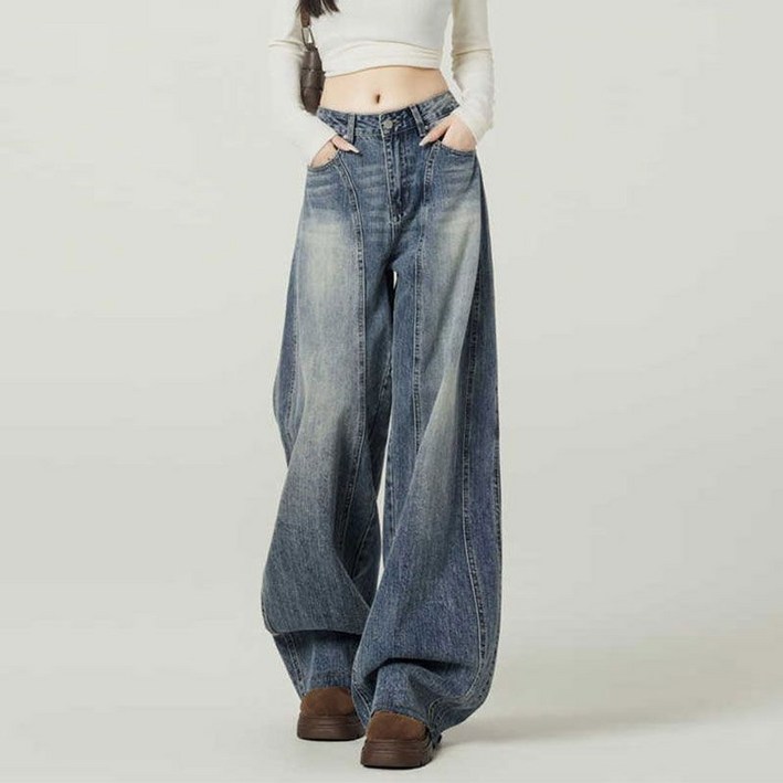 SAHINER 봄가을 여성 빈티지 하이웨이스트 와이드 워싱 데님 팬츠 LBNZ45