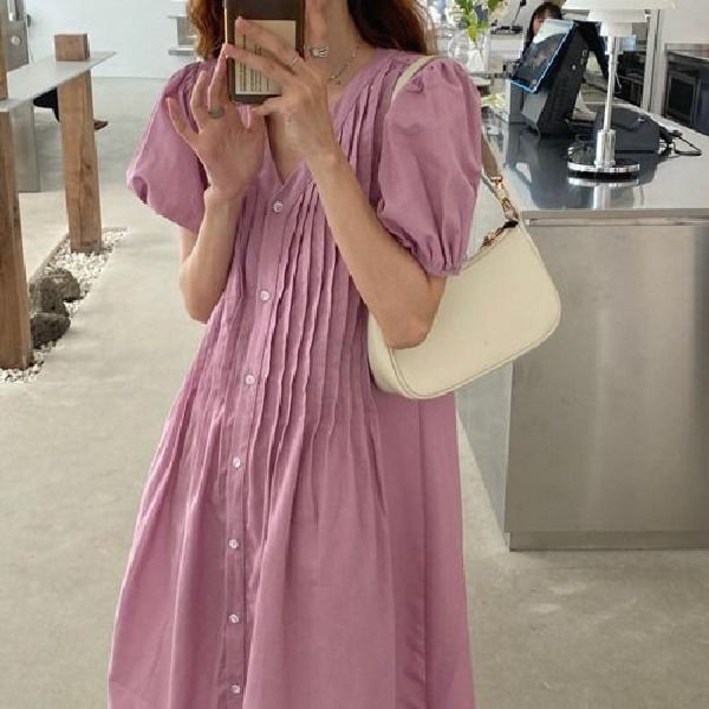 러블리 세로 핀턱 버튼 롱 원피스 3color 린넨 여름 루즈핏 주름 브이넥 러블리 세로 핀턱 버튼 롱 원피스 3color 린넨 여름 루즈핏 주름 브이넥