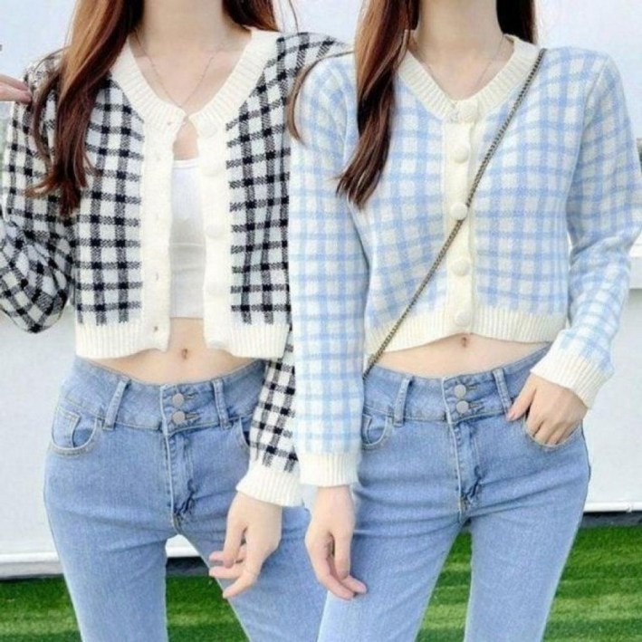 핑크 보부상패션스타일 크롭 패턴 브이 니트 가디건 자켓 라운드 여자 봄 컬러풀 체크 여성 스타일