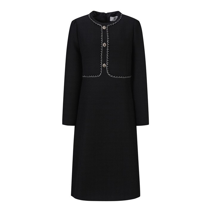 베스띠벨리 [신상 겨울 원피스 할인]  브레이드 포인트 트위드 롱 원피스   <정상가 459,000원> 검정 정장 겨울 원피스 트위드