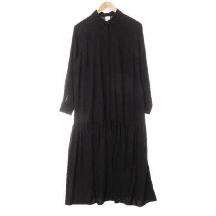 0757 h&m 블랙 비스코스 라이트하프버튼셔츠형롱원피스 [S]