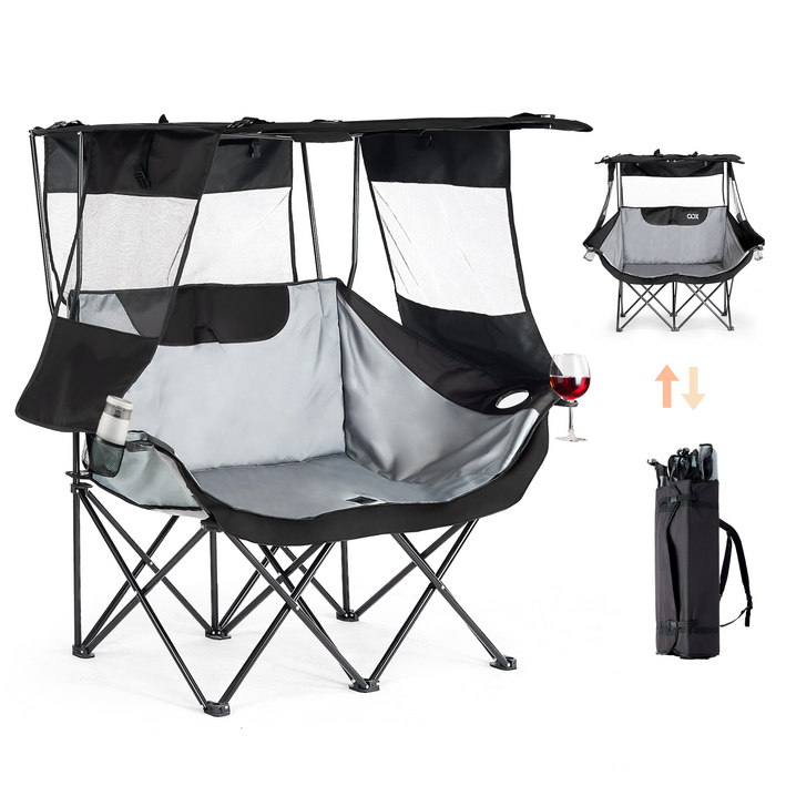 대형 야외 접이식 의자, 2인용, 차양 포함, 야외, 캠핑, 낚시에 적합