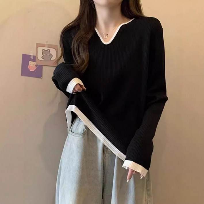 SAHINER 여성용 배색 V넥 골지 봄 데일리 상의 긴팔티셔츠 ATX42