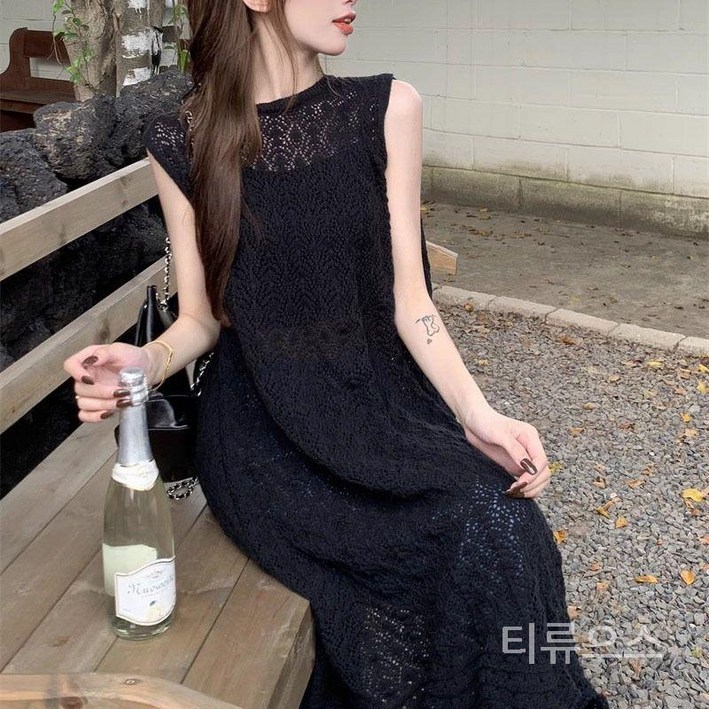 티류으스 써머롱니트조끼 레이어드 그물 롱베스트 보헤미안스타일 여름