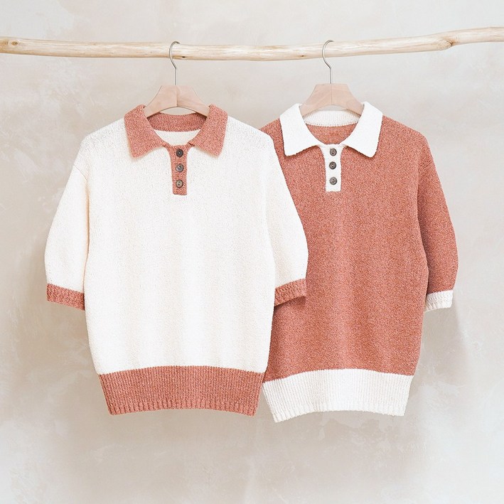 니트코어 여성 여름 고퀄 부드러운 부클 하찌 린넨 팬시얀 배색 카라 퍼프 반팔 니트 카라티 카라넥 니트티 반팔티 티셔츠