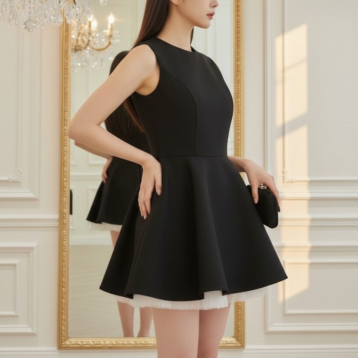 X4428 라운드넥 라인 플레어 A라인 얇은 쉬폰 레이어드 미니 정장 원피스