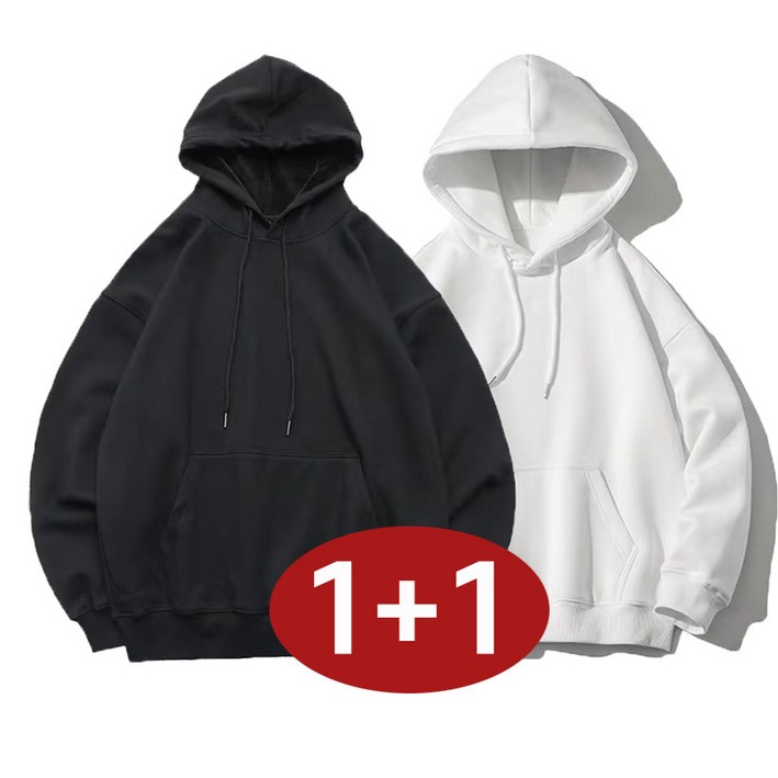 1+1 남성 트렌디 단색 후드티 긴팔 빅사이즈 소프트 데일리 가을 겨울 편한 간절기 트렌드 스판 티 심플 커플 루즈핏 데일리 덧대 맨투맨 상의 남녀공용
