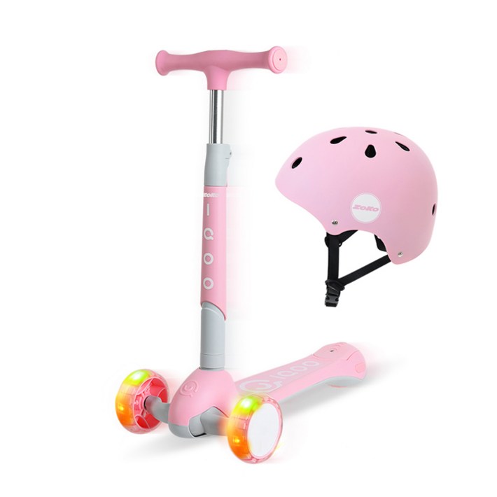 조코 스쿠터 엘이디 유아동 접이식 킥보드 + 어반형 헬멧 세트, 킥보드(핑크), 헬멧(핑크)