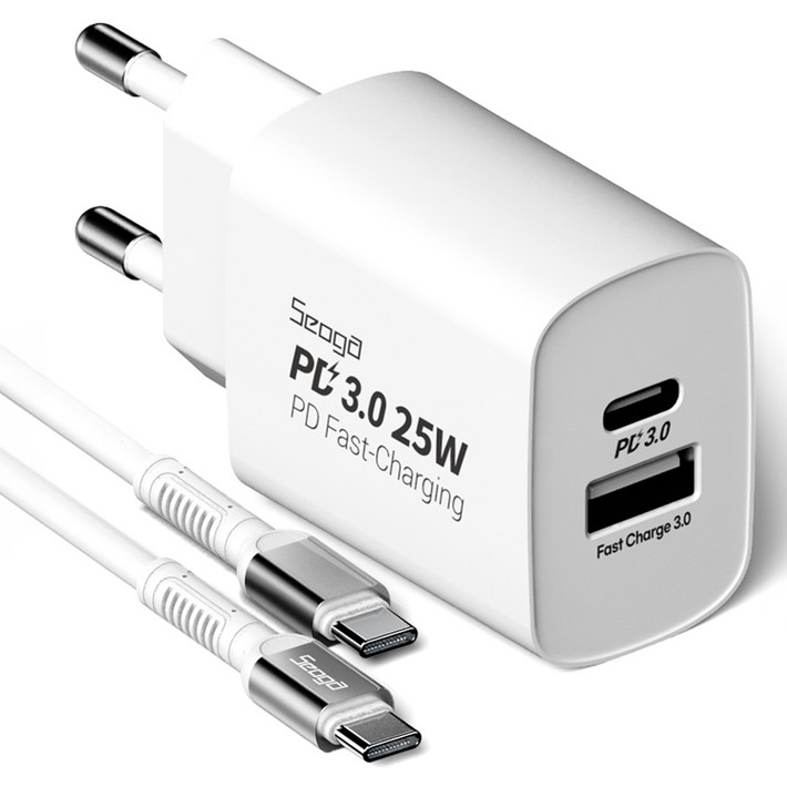 서가 25W PD3.0 PPS 2포트 멀티 C타입 초고속 충전기60W 메탈 고강도 CtoC 초고속 케이블 1.5m, 화이트, 1세트 서가 25W PD3.0 PPS 2포트 멀티 C타입 초고속 충전기60W 메탈 고강도 CtoC 초고속 케이블 1.5m, 화이트, 1세트