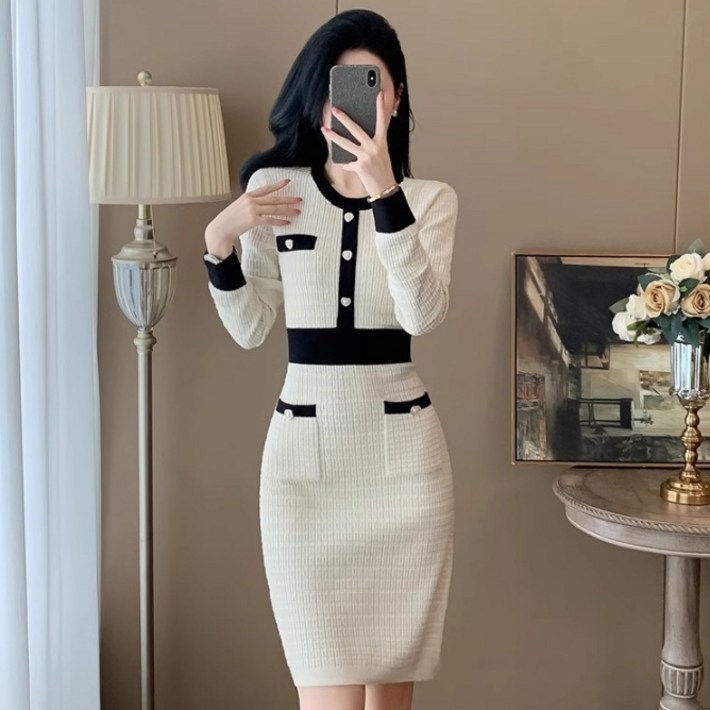 루나걸 여성용 에르볼 배색 니트 원피스 L24WOPS102128