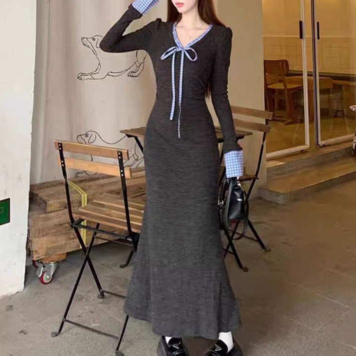 구디프 여성용 배색 리본 브이넥 슬림핏 롱 데일리룩 니트원피스