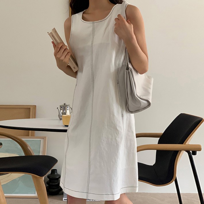 빼빼 여성용 통기성 라운드넥 스티치 슬리브리스 A라인 린넨 원피스