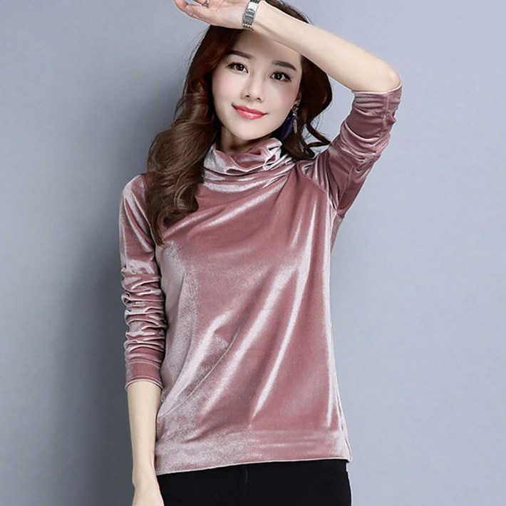 ROYALBELLE 여성 벨벳 터틀넥 티셔츠 세련된 스타일 캐주얼룩 솔리드 긴팔 티셔츠 F0020618