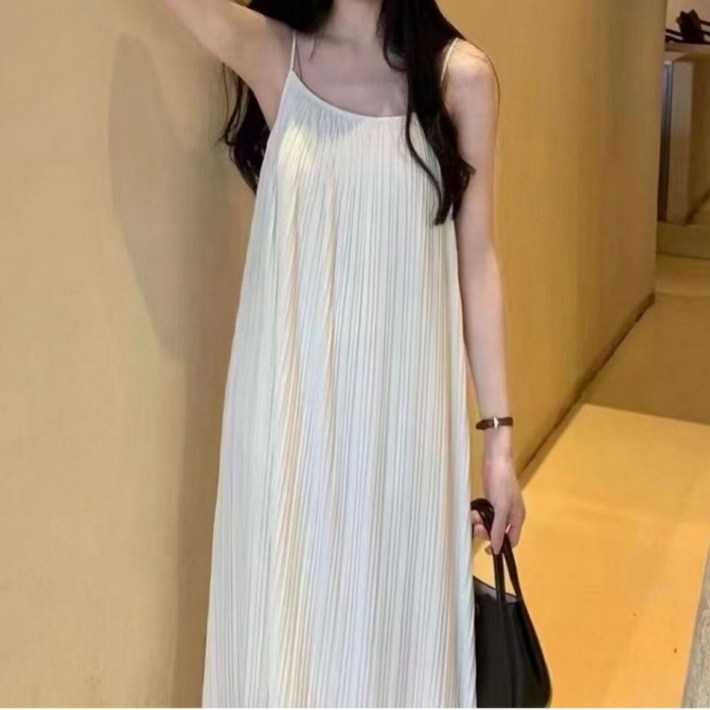 롱원피스 플리츠 여성끈 나시 흰색 루즈핏 슬림 민소매 린넨 뷔스티에 레이어드 끈나시