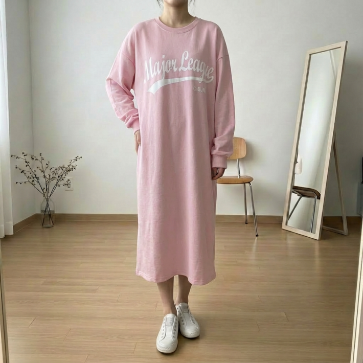 상상그이상 여성용 국내제작 간절기 메이저 원피스 빅사이즈 오버핏 면100 레터링 포인트 마실룩 홈웨어룩