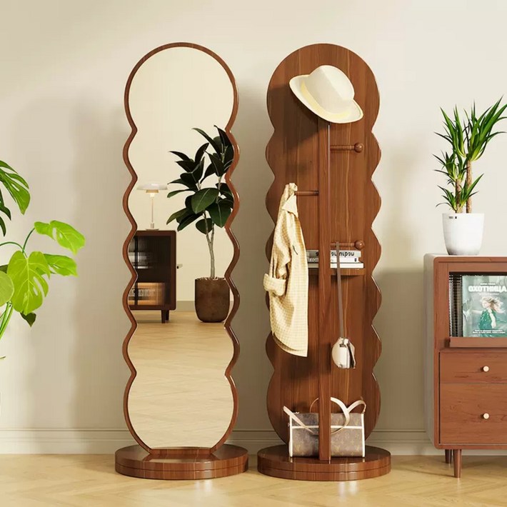 COCOYOU 다기능 전신거울 행거 360도 회전 가능 1660mm 높이 원목 스탠드거울, 월넛색