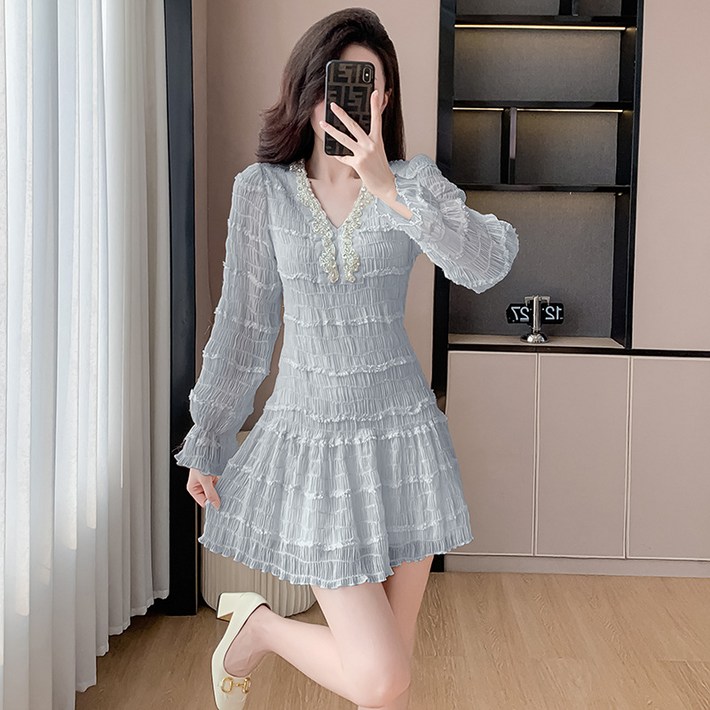 천하오 신상 여성 스타일 브이넥 시폰 프릴 원피스 TZ291