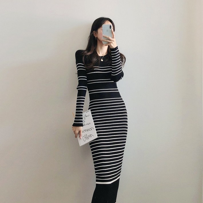 요시아나 당일발송 꾸안꾸 어텀 브리즈 슬림핏 골지 니트 롱 원피스 2컬러