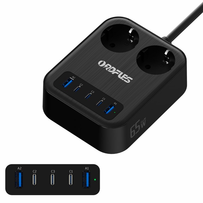 ORDFLES 65W USB급속충전 고속충전 다용도 7in1USBC 3개,USBA 2개 멀티탭 2구 5포트, 블랙, 1개, 2m